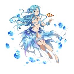 Rule 34 | 1girl, ;), armlet, asuna (sao-alo), bikini, blue bikini, blue cape, blue eyes, blue hair, breasts, cape, cleavage, closed mouth, fish, floating hair, full body, hair between eyes, highres, hydrokinesis, jewelry, long hair, medium breasts, necklace, official art, one eye closed, pointy ears, smile, solo, swimsuit, sword art online, sword art online: memory defrag, thigh strap, transparent background, underwater, very long hair, waist cape, water, white bikini, wrist cuffs