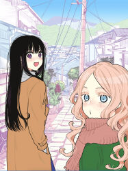 Rule 34 | 2girls, black hair, blue eyes, blush, brown coat, brown scarf, building, coat, commentary request, curly hair, forest, futari escape, green coat, hands in pockets, highres, kouhai (futari escape), long hair, long sleeves, looking at viewer, mountainous horizon, multiple girls, nature, open mouth, outdoors, pink hair, power lines, purple eyes, scarf, senpai (futari escape), taguchi shouichi, utility pole
