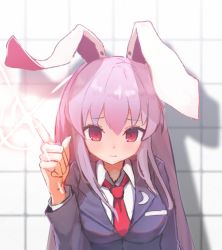 Rule 34 | 1girl, animal ears, black jacket, blazer, blouse, blush, breasts, closed mouth, collared shirt, commentary, crescent, crescent pin, finger gun, glint, glowing finger, hand up, index finger raised, jacket, lapel pin, large breasts, light purple hair, long hair, long sleeves, looking at viewer, necktie, pointing, purple hair, purple jacket, rabbit ears, red eyes, red necktie, reisen udongein inaba, shirt, sidelocks, solarisu, solo, tile wall, tiles, touhou, upper body, wavy mouth, white background, white shirt, wing collar