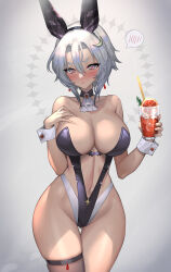 Rule 34 | 1girl, absurdres, animal ears, bare shoulders, blush, breasts, choker, crescent, crescent hair ornament, cup, earrings, fake animal ears, gluteal fold, grey hair, hair between eyes, hair ornament, highres, hitowa, holding, holding cup, huge breasts, jewelry, leotard, looking at viewer, navel, original, playboy bunny, rabbit ears, red eyes, short hair, single thighhigh, solo, spoken blush, strapless, strapless leotard, thighhighs, wrist cuffs