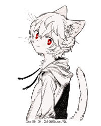 Rule 34 | 1boy, animal ear fluff, animal ears, blush, cat boy, cat ears, cat tail, closed mouth, dated, drawstring, from side, fur, greyscale, highres, hood, hood down, hoodie, kemonomimi mode, kuga yuuma, long sleeves, looking at viewer, male focus, monochrome, red eyes, sacog, simple background, smile, solo, spot color, tail, upper body, whiskers, world trigger