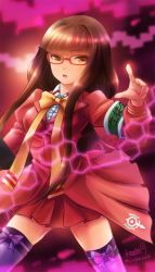 Rule 34 | 10s, 1girl, aoki hagane no arpeggio, armband, bow, bow legwear, brown hair, coat, dress shirt, glasses, haruhata mutsuki, hiei (aoki hagane no arpeggio), long hair, long sleeves, looking at viewer, miniskirt, open mouth, pleated skirt, pointing, purple thighhighs, red-framed eyewear, shirt, skirt, solo, standing, thighhighs, white shirt, yellow eyes
