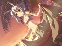 Rule 34 | 1girl, absurdres, animal ears, armlet, bandeau, bare shoulders, blue hair, blush, bracelet, rabbit ears, cloud, collarbone, djmax, djmax portable, dutch angle, from below, highres, image sample, jewelry, lens flare, long skirt, lots of jewelry, midriff, navel, palm tree, red eyes, skirt, skirt hold, sky, smile, solo, strapless, suee, sunset, tree, tube top, wallpaper, yuuki tatsuya