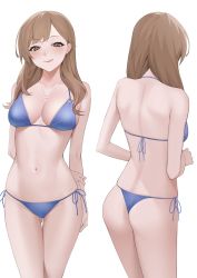 Rule 34 | 1girl, :q, arm behind back, ass, bikini, blue bikini, blush, breasts, brown eyes, brown hair, cleavage, cowboy shot, from behind, gluteal fold, hair behind ear, hair over shoulder, halterneck, highres, jewelry, kuen (kuennn12), large breasts, long hair, looking at viewer, medium breasts, multiple views, navel, necklace, original, side-tie bikini bottom, simple background, standing, stomach, string bikini, swimsuit, tongue, tongue out, white background