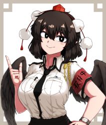 Rule 34 | 1girl, black hair, black wings, breasts, collared shirt, formicid, hand on own hip, hat, large breasts, looking at viewer, necktie, pocket, pointy ears, pom pom (clothes), red eyes, shameimaru aya, shirt, skirt, smile, solo, tokin hat, touhou, watch, white shirt, wings, wristwatch