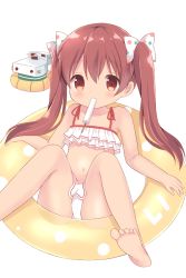 Rule 34 | 1girl, bare arms, bare legs, bare shoulders, barefoot, bikini, blush, bow, brown eyes, brown hair, chutney, dark-skinned female, dark skin, food, hair between eyes, hair bow, ice cream, innertube, kantai collection, libeccio (kancolle), long hair, looking at viewer, mouth hold, multicolored polka dots, navel, polka dot, polka dot bow, simple background, solo, swim ring, swimsuit, transparent, twintails, very long hair, white background, white bikini, white bow