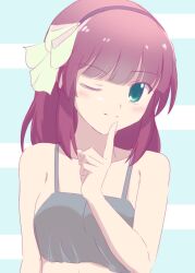 Rule 34 | 1girl, angel beats!, aqua background, bare arms, black hairband, blunt bangs, blush, bow, camisole, closed mouth, collarbone, commentary, finger to own chin, green bow, green eyes, grey camisole, hair bow, hairband, hand up, head tilt, highres, index finger raised, lelie (lelie link), light smile, looking at viewer, loungewear, medium hair, nakamura yuri, one eye closed, purple hair, simple background, solo, straight hair, upper body