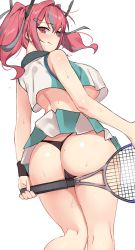 Rule 34 | 1girl, :q, ass, azur lane, black panties, blue hair, blush, breasts, bremerton (azur lane), bremerton (scorching-hot training) (azur lane), crop top, crop top overhang, hair ornament, hairclip, heart, heart necklace, highres, holding, holding racket, jewelry, large breasts, looking at viewer, looking back, multicolored hair, ndgd, necklace, panties, pink eyes, pink hair, racket, shirt, short hair, simple background, sleeveless, sleeveless shirt, smile, solo, sportswear, streaked hair, sweat, tennis racket, tennis uniform, tongue, tongue out, twintails, two-tone shirt, two-tone skirt, underwear, white background