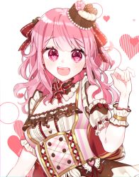 Rule 34 | 1girl, :d, artist name, bang dream!, commentary request, corset, detached collar, detached sleeves, dress, earrings, flower, frilled sleeves, frills, hair ribbon, hand up, hat, hat flower, heart, highres, jewelry, long hair, looking at viewer, maruyama aya, neck ribbon, open mouth, patzzi, pink flower, pink hair, red ribbon, ribbon, short sleeves, smile, solo, upper body, wrist cuffs