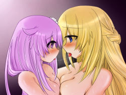 Rule 34 | 10s, 2girls, asymmetrical docking, between breasts, blonde hair, blue eyes, blush, breast press, breasts, cleavage, corruption, female focus, groping, hair ornament, long hair, looking at another, medium breasts, multiple girls, nepgear, neptune (series), nude, open mouth, outdoors, pink hair, purple eyes, purple hair, saliva, saliva trail, sweat, tongue, tongue out, upper body, vert (neptunia), yuri