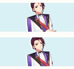 Rule 34 | 1boy, border, closed mouth, expressionless, highres, idol clothes, light blue background, long sleeves, looking at viewer, male focus, masaki 729, munakata touya, purple eyes, purple hair, readyyy!, short hair, smile, solo, white border