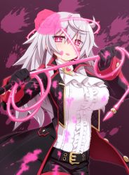 Rule 34 | 1girl, blood, blush, flower, mary skelter, mizunashi (second run), pink eyes, rose, sleeping beauty (mary skelter), solo, tongue, tongue out, whip, white hair