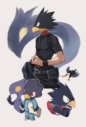 Rule 34 | 1boy, age progression, animal head, barefoot, beak, belt, belt pouch, black belt, black shirt, black wristband, blue pajamas, boku no hero academia, chibi, child, clenched hand, dark shadow, feathers, grey background, highres, holding, holding pillow, male focus, mo masimasi, multiple views, open mouth, pajamas, pectorals, pillow, pouch, red eyes, red feathers, shirt, tearing up, teeth, tokoyami fumikage, twitter username