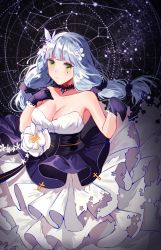 Rule 34 | 1girl, alternate hairstyle, bare arms, bare shoulders, black bow, black choker, black gloves, black thighhighs, blunt bangs, blush, bow, breasts, cancer (constellation), choker, cleavage, collarbone, commentary, dress, facepaint, facial mark, floating hair, flower, girls&#039; frontline, gloves, green eyes, hair flower, hair ornament, hair ribbon, hairband, hand up, hk416 (girls&#039; frontline), hk416 (starry cocoon) (girls&#039; frontline), layered dress, leo (constellation), light particles, long hair, medium breasts, multi-tied hair, official alternate costume, pisces (constellation), ribbon, silence girl, silver hair, solo, standing, strapless, strapless dress, teardrop, thighhighs, very long hair, white flower, white hairband, white ribbon