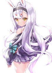 Rule 34 | 1girl, absurdres, ass, azur lane, blunt bangs, choker, classic (zildjian33), commentary request, from behind, highres, long hair, long sleeves, looking at viewer, looking back, off-shoulder jacket, off shoulder, pleated skirt, shimakaze (azur lane), sidelocks, simple background, skirt, smile, solo, thick eyebrows, white background, white hair, wind, yellow eyes