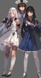Rule 34 | 10s, 3girls, absurdres, binoculars, black footwear, black hair, blue dress, brown hair, closed umbrella, dress, faceless, faceless female, ghost, grey background, hand on shoulder, hat, highres, impossible clothes, iowa (pacific), jeanex, kantai collection, kneehighs, lace, lace-trimmed dress, lace trim, looking at viewer, multiple girls, original, pacific (kancolle), pantyhose, sailor dress, shoes, socks, thighhighs, umbrella, uss iowa (bb-61), uss louisiana, uss louisiana (pacific), uss missouri (bb-63), white hair, white hat, white legwear