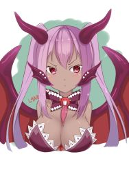 Rule 34 | &gt;:t, 1girl, :t, alternate hairstyle, artist name, bare shoulders, blush, bow, bowtie, breasts, cleavage, dark skin, dark-skinned female, dragon girl, dragon wings, extra tongue, horns, jabberwock (monster girl encyclopedia), l4no, large breasts, long hair, looking to the side, monster girl, monster girl encyclopedia, pout, purple hair, red eyes, solo, twintails, upper body, v-shaped eyebrows, wings