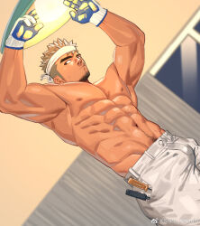 Rule 34 | 1boy, abs, armpits, arms up, bara, biceps, bulge, dark-skinned male, dark skin, denim, electrodes, from below, gloves, groin, headband, highres, jeans, large pectorals, male focus, mature male, mechanic, mouth hold, muscular, muscular male, navel, navel hair, nipples, original, pants, pectorals, screw, screw in mouth, screwdriver, short hair, sideburns, sideways glance, solo, stomach, sweat, thick eyebrows, topless male, white headband, white pants, youchi123