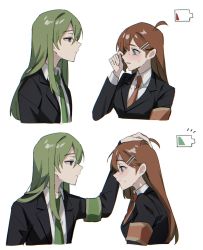 Rule 34 | armband, battery indicator, brown hair, crying, formal, green hair, hair ornament, hand on another&#039;s head, headpat, highres, hod (project moon), lobotomy corporation, mu46016419, necktie, netzach (project moon), project moon, suit
