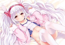 Rule 34 | 1girl, :o, animal ears, azur lane, bare shoulders, bed sheet, blue shirt, blush, bottomless, collarbone, commentary request, crop top, eyes visible through hair, fake animal ears, fingernails, from above, fummy, hair between eyes, hair ornament, hair scrunchie, hairband, half-closed eyes, hands up, jacket, knees up, laffey (azur lane), long hair, long sleeves, looking at viewer, lying, navel, no panties, no pants, off shoulder, on back, open clothes, open jacket, pink jacket, pocket, rabbit ears, red eyes, red hairband, red scrunchie, scrunchie, shirt, silver hair, sleeves past wrists, solo, tank top, thighhighs, twintails, very long hair, white shirt, white thighhighs