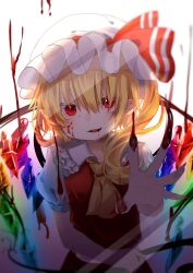 Rule 34 | 1girl, aimai sheena, ascot, backlighting, blonde hair, blood, blood from mouth, blood on face, blood on hands, blurry, depth of field, dress, fang, female focus, flandre scarlet, hand on glass, hat, highres, looking at viewer, mob cap, open mouth, pointy ears, puffy short sleeves, puffy sleeves, red dress, red eyes, red nails, short sleeves, simple background, smile, solo, touhou, vampire, white background, white hat, wings, yellow ascot