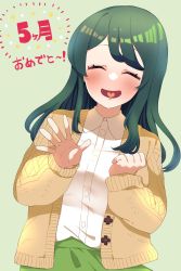 Rule 34 | 1girl, :d, clenched hand, closed eyes, clover hair ornament, facing viewer, green hair, green skirt, hair ornament, hand up, highres, jacket, long hair, open mouth, simple background, skirt, smile, solo, standing, sumi suya, sunao na kapipara, sweater jacket, virtual youtuber