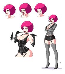 Rule 34 | 1girl, afro, bare shoulders, black footwear, breasts, choker, cigar, curvy, devil-v, dominatrix, full body, garter straps, green eyes, heels, high heels, highres, huge breasts, legs, licking, lipstick, makeup, microskirt, multiple views, nail polish, original, pencil skirt, pink hair, purple hair, red lips, riding crop, skirt, smoking, thick thighs, thighhighs, thighs, tongue, tongue out, wide hips