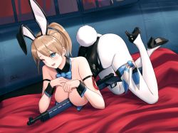 Rule 34 | 1girl, animal ears, artist name, ass, between breasts, black footwear, black leotard, blue eyes, blush, breasts, brown hair, cleavage, dated, fake animal ears, fake tail, hair between eyes, high heels, intrepid (kancolle), kantai collection, large breasts, leotard, odachu, one eye closed, open mouth, pantyhose, ponytail, rabbit ears, rabbit tail, short hair, signature, smile, solo, tail, white pantyhose