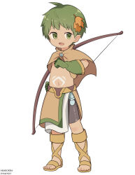 Rule 34 | 1boy, arakokra, artist name, boots, bow (weapon), cape, child, full body, green eyes, green hair, highres, holding, holding weapon, looking at viewer, male focus, navel, open mouth, original, pointy ears, short hair, simple background, smile, solo, standing, toes, weapon, white background