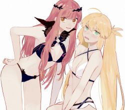 2girls ahoge artoria_caster_(fate) artoria_caster_(swimsuit)_(fate) artoria_caster_(swimsuit_berserker)_(fate) artoria_pendragon_(fate) bare_shoulders bikini black_bikini blonde_hair blush breasts circlet cleavage cnoc_na_riabh_(fate) cnoc_na_riabh_(swimsuit_foreigner)_(fate) collared_bikini fang fate/grand_order fate_(series) green_eyes hand_on_own_hip leaning_forward long_hair looking_at_viewer medb_(fate) multiple_girls open_mouth orange_eyes pink_hair popped_collar sidelocks simple_background small_breasts smile swimsuit twintails urtk07 white_background white_bikini