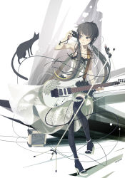 Rule 34 | 1girl, amplifier, black hair, cable, camera, cat, electric guitar, greyscale, guitar, headphones, high heels, highres, instrument, microphone, microphone stand, monochrome, original, product placement, solo, twintails, vofan