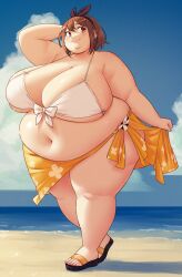 Rule 34 | 1girl, absurdres, alternate body size, alternate breast size, atelier (series), atelier ryza, atelier ryza 1, beach, belly, better-with-salt, bikini, bikini top only, blush, breasts, brown eyes, brown hair, cleavage, fat, full body, hair ornament, hair ribbon, hairclip, highres, huge breasts, navel, obese, official alternate costume, outdoors, reisalin stout, ribbon, sandals, sarong, short hair, smile, solo, sweat, swimsuit, thick thighs, thighs, walking