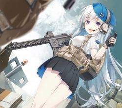 Rule 34 | 1girl, :d, backpack, bag, beret, between breasts, black gloves, black skirt, blue hat, blue sky, blurry, blurry foreground, blush, breasts, cloud, cloudy sky, day, depth of field, ear protection, elbow pads, gloves, gun, hat, headset, highres, holding, holding gun, holding weapon, long hair, looking away, looking to the side, medium breasts, military, nanaroku (fortress76), open mouth, original, outdoors, pleated skirt, purple eyes, shirt, short sleeves, silver hair, skirt, sky, smile, solo, standing, strap between breasts, trigger discipline, very long hair, weapon, weapon request, white shirt