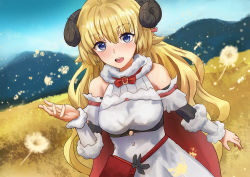 Rule 34 | 1girl, animal ears, bad id, bad pixiv id, bag, blonde hair, blue eyes, blush, breasts, cape, cherre, commentary, cowboy shot, dandelion, day, detached sleeves, dress, field, flower, flower field, fur-trimmed cape, fur trim, hair between eyes, hair ribbon, handbag, highres, hololive, horns, long hair, looking at viewer, medium breasts, open mouth, outdoors, red cape, ribbon, sheep ears, sheep horns, smile, solo, tsunomaki watame, tsunomaki watame (1st costume), virtual youtuber, white dress