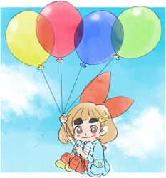 Rule 34 | 1girl, backpack, bag, balloon, blue sky, bow, brown hair, child, cloud, hair bow, hair ornament, hairclip, looking at viewer, lowres, lulu (warioware), nintendo, official art, pants, red bow, red pants, sky, smile, takeuchi kou, thick eyebrows, third-party source, warioware, warioware: get it together!, yellow footwear