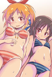 Rule 34 | 10s, 2girls, abe nana, age difference, arm behind head, arm up, armpits, bare shoulders, bikini, black hair, blue bikini, blue bow, blue ribbon, blush, body blush, bow, breasts, child, collarbone, eyelashes, female focus, flat chest, from below, front-tie bikini top, front-tie top, gradient background, hair bow, hair ornament, hair ribbon, hand on own stomach, happy, height difference, idolmaster, idolmaster cinderella girls, legs, legs together, long hair, looking at viewer, midriff, multiple girls, namco, navel, neck, nervous, nervous smile, nyazui, open mouth, orange hair, pink bikini, pink bow, pink ribbon, ponytail, red eyes, ribbon, short hair, small breasts, smile, standing, striped bikini, striped clothes, sweat, swimsuit, tachibana arisu, thighs, wet