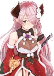 Rule 34 | 1girl, :d, bare shoulders, black thighhighs, blue eyes, braid, breasts, christmas, cowboy shot, draph, dress, eyelashes, from side, fur-trimmed dress, fur-trimmed sleeves, fur trim, garter straps, granblue fantasy, hair over one eye, highres, horns, large breasts, light blush, light purple hair, long hair, looking at viewer, narmaya (granblue fantasy), nosuku, official alternate costume, open mouth, pointy ears, red sleeves, santa costume, see-through, shirt, single braid, sleeveless, sleeves past fingers, sleeves past wrists, smile, solo, thighhighs, underbust, very long hair, white shirt