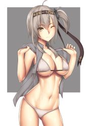 Rule 34 | 10s, 1girl, arcie albano, bikini, breasts, clothes writing, grey vest, hachimaki, hair between eyes, headband, highres, kantai collection, large breasts, navel, one eye closed, one side up, open clothes, open vest, silver hair, smile, solo, suzutsuki (kancolle), swimsuit, vest, white bikini, yellow eyes