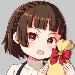 Rule 34 | 1girl, artist name, artist request, bag, black vest, blunt bangs, blush, bow, braid, breasts, brown hair, crown braid, female focus, gift bag, grey background, holding, holding bag, long sleeves, looking at viewer, lowres, niijima makoto, parted lips, persona, persona 5, persona 5 the royal, red bow, red eyes, school uniform, shirt, short hair, shuujin academy school uniform, smile, solo, sweater, sweater vest, turtleneck, turtleneck sweater, upper body, vest, white shirt, white sweater, yuigata (somokosukosu69), yuigata 32rugi