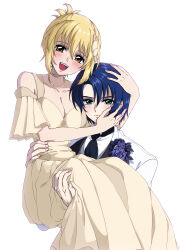 Rule 34 | 1boy, 1girl, :d, absurdres, athrun zala, black necktie, blonde hair, blue hair, blush, breasts, brown eyes, cagalli yula athha, carrying, cleavage, closed mouth, collarbone, couple, dress, green eyes, gundam, gundam seed, hair ornament, head grab, hetero, highres, jacket, jewelry, long dress, looking at viewer, medium breasts, necklace, necktie, open mouth, princess carry, saeka, short hair, short sleeves, simple background, smile, wedding dress, white background, white dress, white jacket