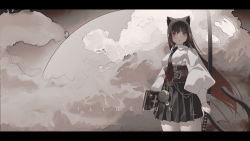 Rule 34 | 1girl, absurdres, animal ears, bad id, bad pixiv id, belt, black hair, black necktie, black skirt, blouse, book, brown eyes, brown hair, cat ears, cat girl, cat tail, chain, closed mouth, cloud, collared shirt, compass, cowboy shot, cross, cross necklace, english text, gradient hair, highres, holding, holding book, holding sword, holding weapon, jewelry, katana, letterboxed, long hair, long sleeves, mole, mole under eye, moon, multicolored hair, necklace, necktie, original, pleated skirt, puffy sleeves, shiroki tyuki, shirt, skirt, solo, sword, tail, weapon, white shirt