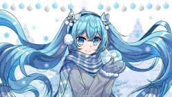Rule 34 | 1girl, absurdres, artist name, bell, blue eyes, blue hair, blue mittens, blue scarf, bow, christmas ornaments, christmas tree, closed mouth, coat, earmuffs, fur-trimmed sleeves, fur trim, grey coat, hair bell, hair between eyes, hair bow, hair ornament, hatsune miku, highres, holding, jingle bell, long hair, long sleeves, looking at viewer, mittens, plaid, plaid scarf, pom pom (clothes), pom pom hair ornament, scarf, smile, snow globe, snowflakes, snowman, solo, star (symbol), upper body, very long hair, viclim-monou, vocaloid, white background, white bow