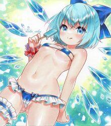Rule 34 | 1girl, 2023, :q, arm at side, artist name, bare shoulders, bikini, blue bikini, blue bow, blue eyes, blue hair, bow, breasts, cirno, closed mouth, commentary request, cowboy shot, dated, detached wings, dutch angle, food, gluteal fold, groin, hair bow, hand up, holding, holding food, holding popsicle, ice, ice wings, looking at viewer, marker (medium), micro bikini, midriff, navel, nordic niku, popsicle, short hair, simple background, small breasts, smile, solo, swimsuit, thigh strap, tongue, tongue out, touhou, traditional media, underboob, wings