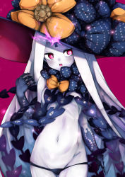 Rule 34 | 1girl, abigail williams (fate), abigail williams (third ascension) (fate), absurdres, bare shoulders, black bow, black hat, black panties, bow, breasts, colored skin, fate/grand order, fate (series), forehead, glowing, glowing eye, harii (janib5kc), hat, highres, keyhole, long hair, looking to the side, multiple bows, navel, open mouth, orange bow, panties, parted bangs, pink eyes, purple background, skull print, small breasts, solo, third eye, underwear, very long hair, white hair, white skin, witch hat