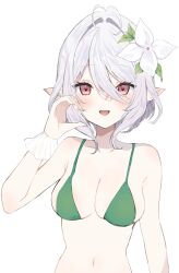 Rule 34 | 1girl, :d, alternate breast size, antenna hair, arm at side, bare shoulders, bikini, blush, breasts, cleavage, collarbone, elf, eyelashes, flower, green bikini, grey hair, hair between eyes, hair flower, hair ornament, hand up, highres, kokkoro (princess connect!), large breasts, leaf hair ornament, looking at viewer, navel, open mouth, pointy ears, princess connect!, red eyes, scrunchie, short hair, simple background, smile, solo, straight-on, swimsuit, upper body, white background, white flower, white scrunchie, wrist scrunchie, yupi (yuyupiko01)