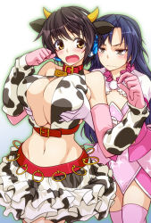 Rule 34 | 10s, 2girls, animal ears, animal print, bad id, bad nicoseiga id, bell, blue hair, blush, breast envy, breasts, brown eyes, brown hair, collar, covered erect nipples, cow ears, cow horns, cow print, cowbell, elbow gloves, gloves, grabbing, grabbing another&#039;s breast, headset, horns, huge breasts, idolmaster, idolmaster (classic), idolmaster cinderella girls, in-franchise crossover, kisaragi chihaya, large breasts, layered skirt, long hair, midriff, miyashiro sousuke, multiple girls, navel, neck bell, nipples, oikawa shizuku, open mouth, pink legwear, short hair, simple background, skirt, thighhighs