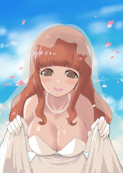 Rule 34 | 1girl, absurdres, bare shoulders, blush, breasts, brown eyes, brown hair, cherry blossoms, cleavage, collarbone, dress, girls und panzer, highres, jewelry, large breasts, long hair, looking at viewer, necklace, pearl necklace, smile, solo, takebe saori, veil, wedding dress, white dress, yabai gorilla