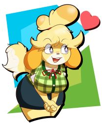 Rule 34 | 1girl, :3, absurdres, animal crossing, animal ears, artist name, azlech, blonde hair, breasts, buck teeth, cowboy shot, cropped legs, dog ears, dog girl, dog tail, drop shadow, female focus, furry, furry female, green shirt, grey eyes, hair tie, hanging breasts, happy, heart, highres, isabelle (animal crossing), large breasts, leaning forward, looking to the side, miniskirt, neck ribbon, nintendo, open mouth, own hands together, pencil skirt, plaid, plaid shirt, red ribbon, ribbon, shirt, short hair, short sleeves, signature, simple background, skirt, smile, solo, standing, tail, teeth, topknot, undershirt, v arms