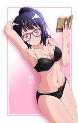 Rule 34 | 1girl, absurdres, arm up, artist name, bare shoulders, bespectacled, black bra, black panties, blush, book, bra, breasts, cleavage, closed mouth, collarbone, glasses, gradient background, hand up, hibike! euphonium, highres, holding, holding book, kaije7, kousaka reina, lace, lace-trimmed bra, lace-trimmed panties, lace trim, lingerie, long hair, looking at viewer, lying, midriff, navel, on back, panties, ponytail, purple eyes, purple hair, red-framed eyewear, signature, small breasts, smile, solo, thighs, underwear, underwear only