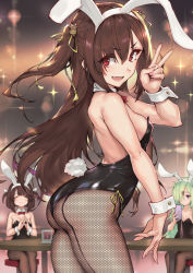 Rule 34 | 3girls, ^ ^, animal ears, ass, blurry, blurry background, brown hair, closed eyes, closed eyes, fake animal ears, fake tail, fang, fingernails, fishnet pantyhose, fishnets, green hair, haoni, highres, leotard, long hair, looking at viewer, multiple girls, open mouth, pantyhose, playboy bunny, rabbit ears, rabbit tail, red eyes, short hair, sitting, skin fang, smile, tail, v, you can eat the girl